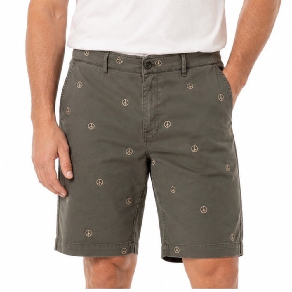 Lucky Brand Mens 42 Olive Green Peace Sign Embroidered Tencel Chino‎ Shorts NWT